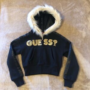 GUESS Black Kids Cropped Hoodie with Faux Fur Trim